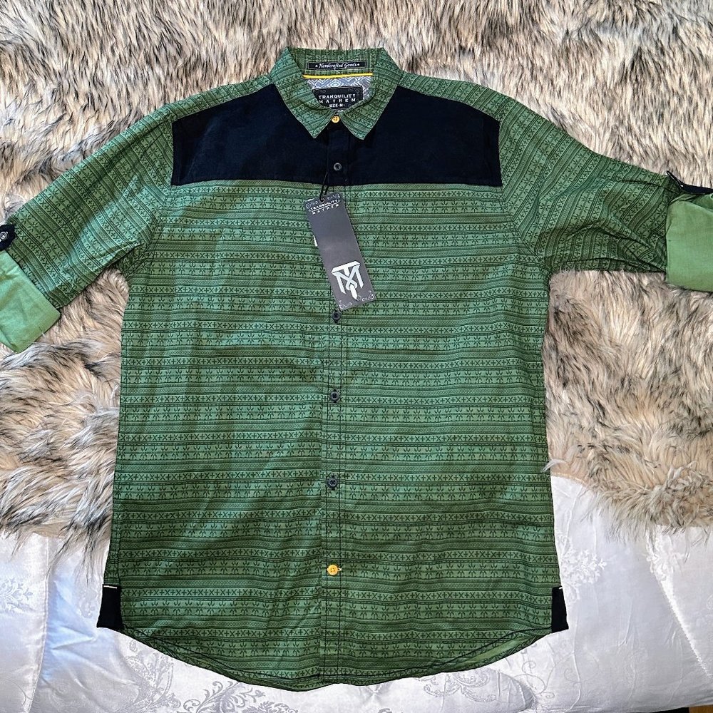 Mens Tranquility Mayhem Green Black Suede Shirt Quarter Sleeve Button Top Med